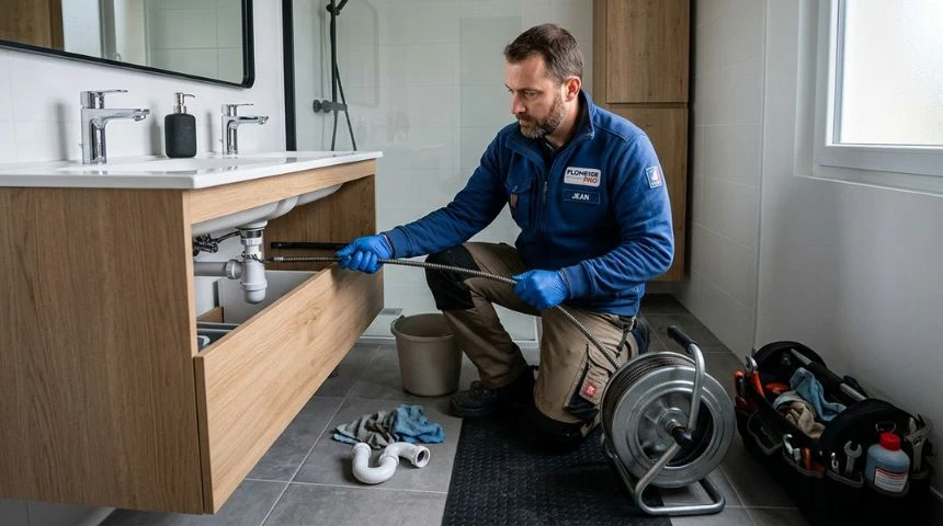 Débouchage canalisation salle de bain avec furet professionnel – évacuation bouchée par plombier Maison Lévy