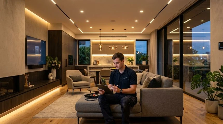 Installation éclairage LED et domotique maison connectée – contrôle smartphone par électricien Maison Lévy