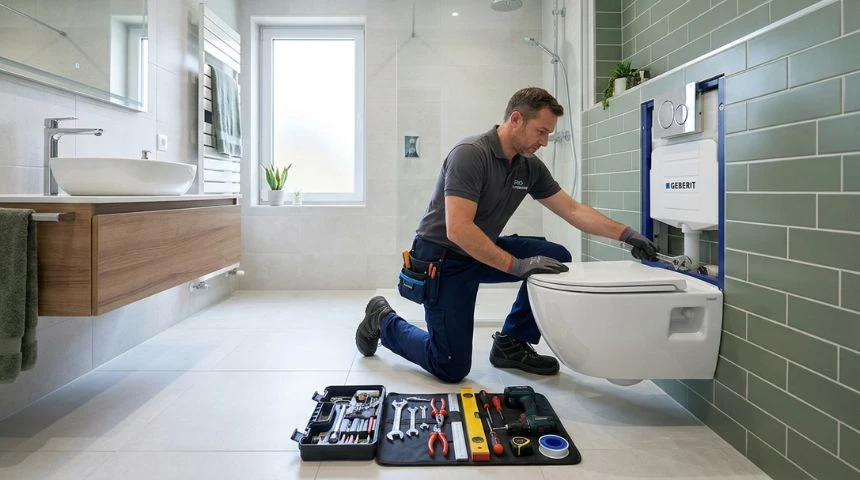 Installation sanitaire lavabo et WC dans salle de bain moderne par plombier professionnel Maison Lévy