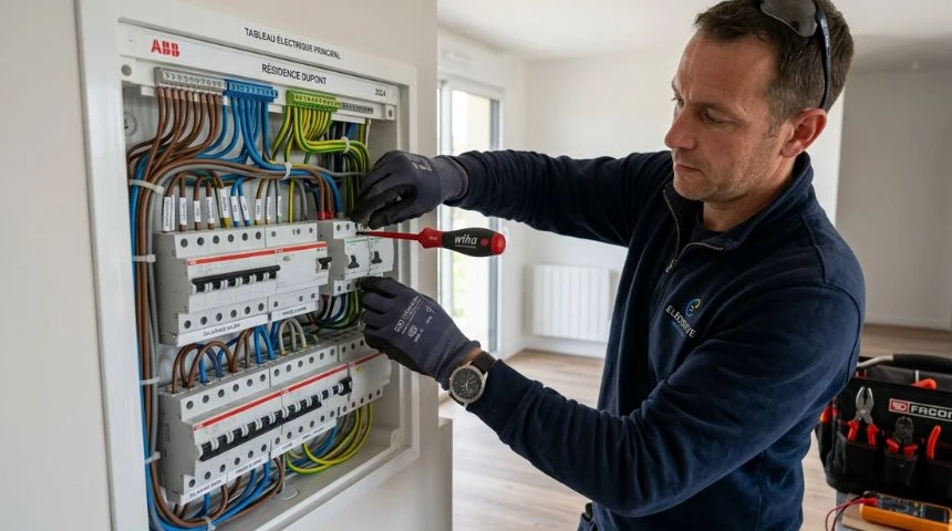 Installation tableau électrique moderne avec disjoncteurs et câblage soigné par électricien Maison Lévy